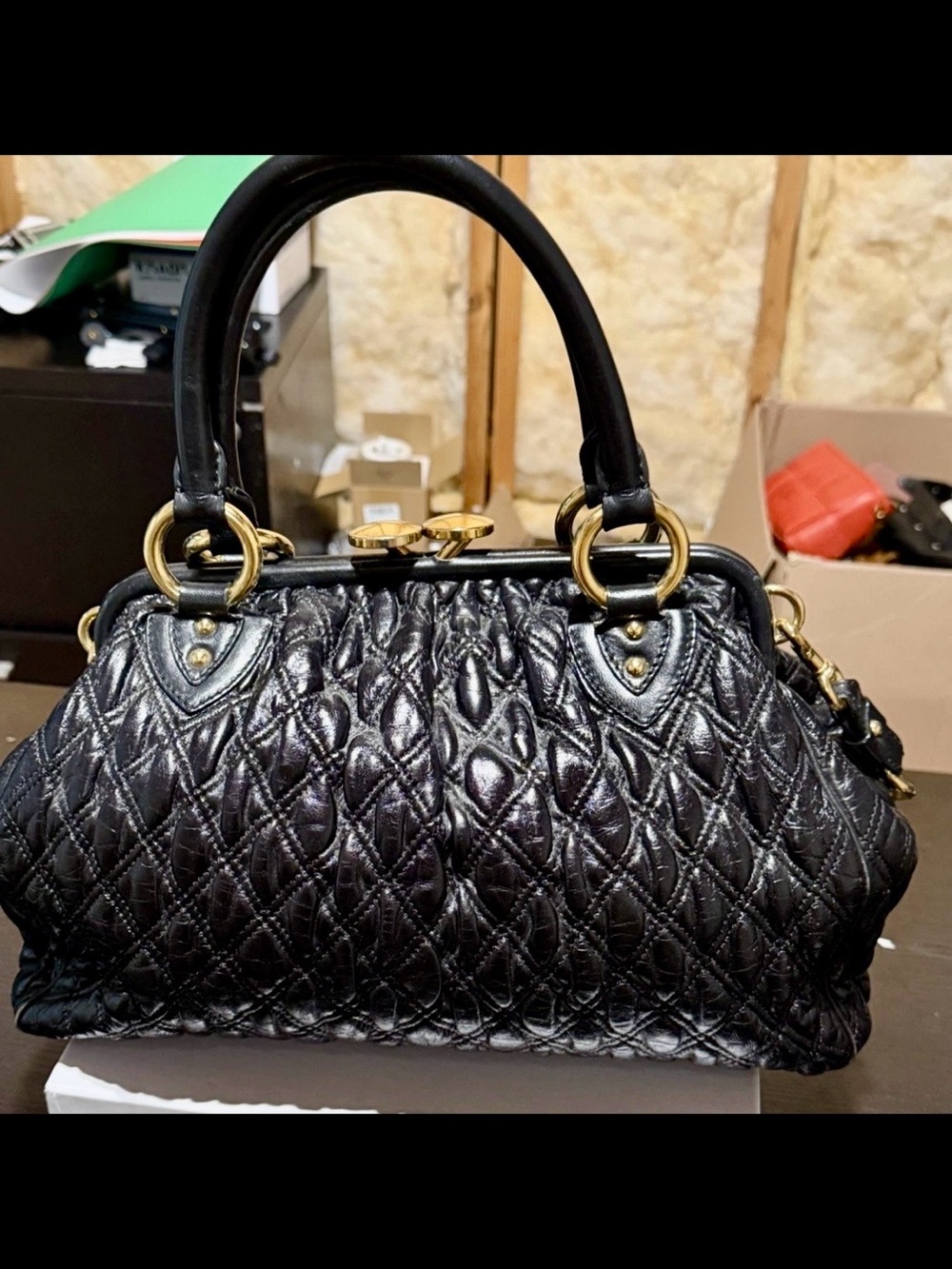 Marc jacobs Black Quilted Satchel Handbag with Gold Hardware